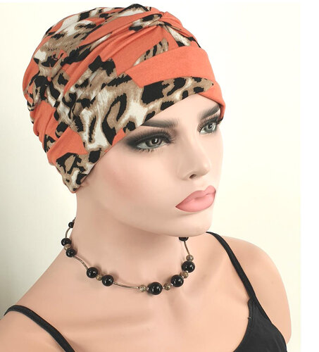 Luxe chemomuts wrap kleur koraal dierprint bladeren print