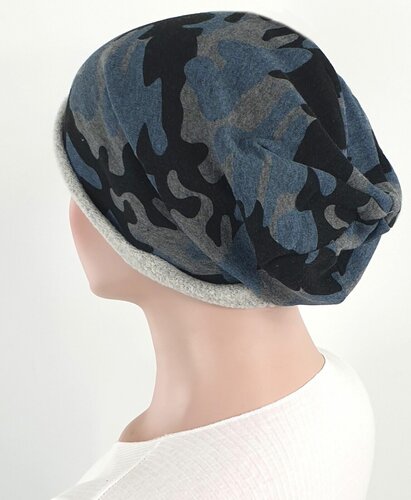 Chemomuts beanie muts bij haarverlies van katoen kleur blauw camouflage