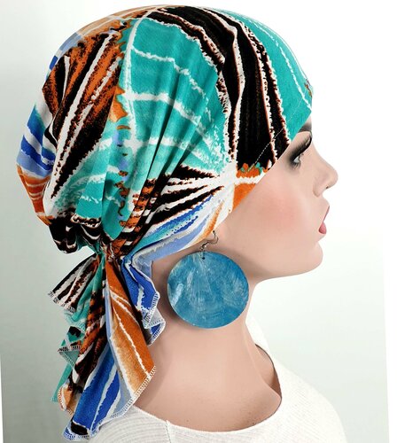 Bandana chemomuts hoofddoek voor haarverlies multi tuquoise maat one size