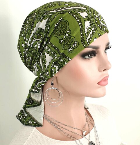 Bandana chemomuts hoofddoek voor haarverlies kleur groen paisley print