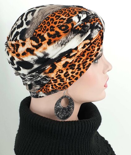 Luxe chemomuts wrap tulband dierprint zwart oranje