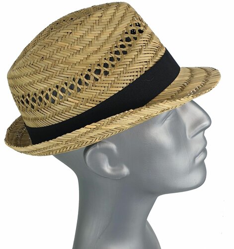 Luchtig strohoedje zomerhoedje trilby kleur natuur met zwarte band maat L XL