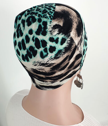 Chemo basismuts slaapmuts zwart dierprint turquoise