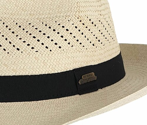 Mooie Fiebig handgemaakte Panama hoed kleur naurel met zwarte hoedrand