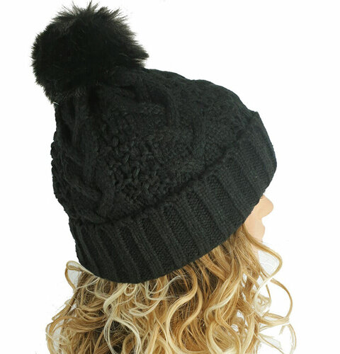 Warme kabel wintermuts met pompon met met fleece voering kleur zwart