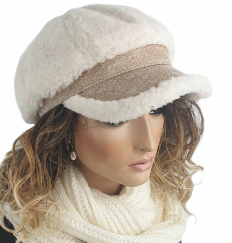 Wollen ballonpet winterpet teddy baret met klepje maat S/M kleur wolwit beige