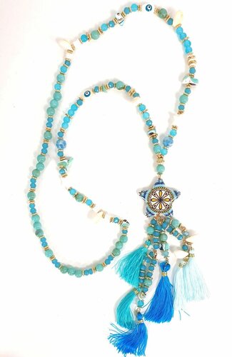 Lange Ibiza look ketting ETNO met steentjes en schelpjes kleur turquoise