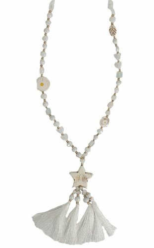 Lange Ibiza look ketting ster met en kwastjes kleur wit