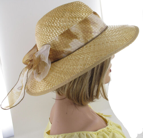 Strohoed rieten hoed dameshoed strandhoed met strik kleur beige met strik zonbescherming