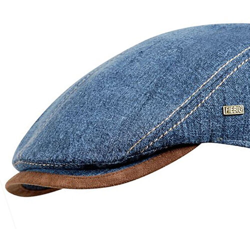 Fiebig linnen herenpet in denim kleur met lederlook klepje UV 50 plus protectie