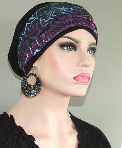 Chemo beanie kleur zwart met hoofdband fantasieprint