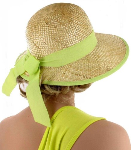 Elegante strocap strohoed met strik in lime kleur