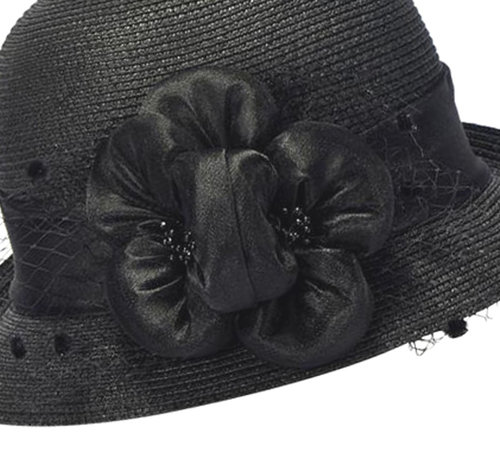 Cloche jaren 20 style van toyostro kleur zwart met bloemversiering